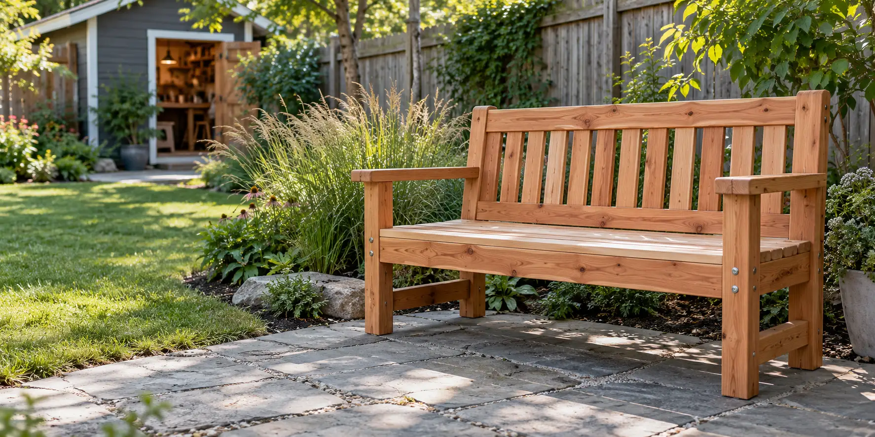 A conventional cedar garden bench shown as visual inspiration, not the convertible mechanism
