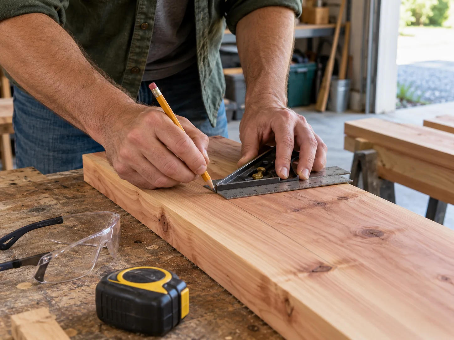 A woodworker carefully marking a cedar board before a cut