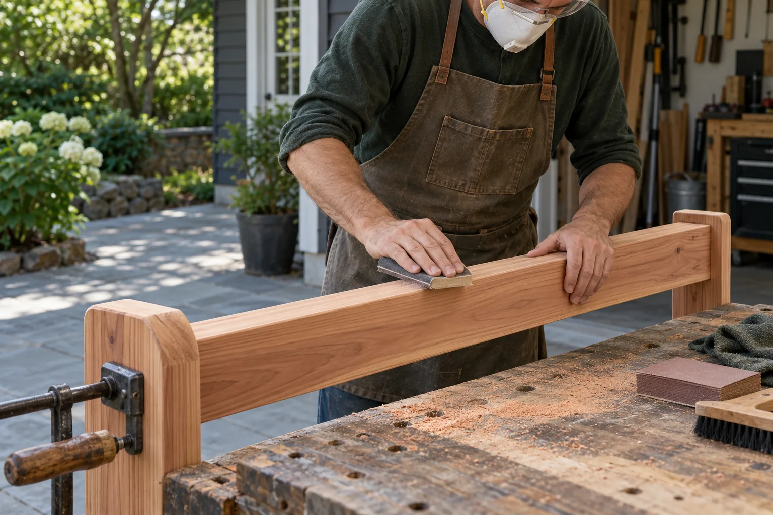 A woodworker wearing eye and dust protection while hand-sanding a clamped cedar board